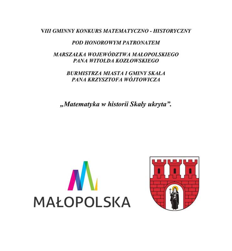 Plakat Gminnego Konkursu Matematyczno Historycznego. Na obrazku logo Gminy Skała i logo Marszałka Województwa Małopolskiego